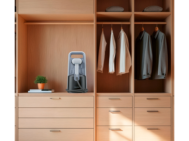 Kledingstomer in een houten kast met kleding en lades.