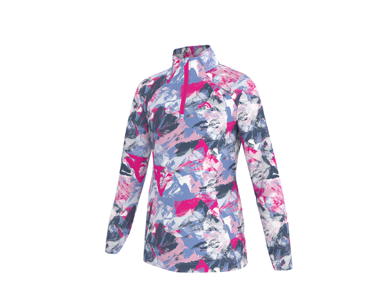 Dames sporttop met lange mouwen, abstract patroon en rits.