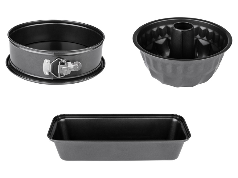 Een ronde springvorm, een tulbandvorm en een rechthoekige bakvorm voor het bakken.