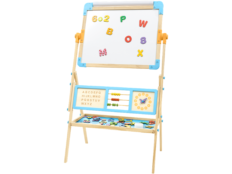 Kindertekenbord met schoolbord, telraam, klok en magneetletters.