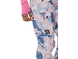 Dames ski-broek met roze en blauw patroon, zak en roze trui.