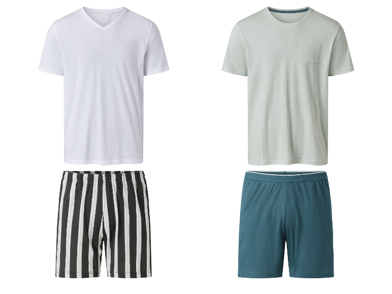Herenslaappak: wit V-hals shirt en gestreepte shorts, lichtgroen shirt met zak en donkerblauwe shorts.