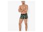 Shirtloze man poseert met gekruiste armen, draagt zwarte boxershorts met groene bladeren.