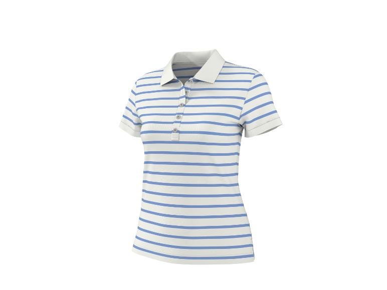 Wit en blauw gestreept dames poloshirt met korte mouwen en knopen.