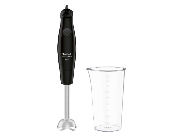 Zwarte staafmixer met een transparante maatbeker.