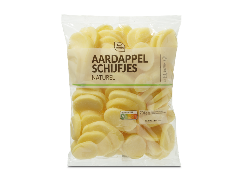 Chef Select aardappelschijfjes naturel in een verpakking van 700 gram.