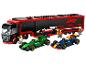 LEGO Speed Champions set met F1 vrachtwagen, twee raceauto's en minifiguren.