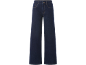 Donkerblauwe wide-leg jeans met hoge taille en contrasterende stiksels.