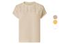 Beige T-shirt met korte mouwen en opengewerkt borduurwerk, met kleuropties.