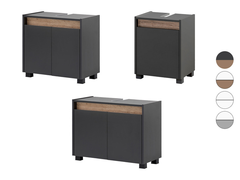 Drie badkamermeubels met dubbele wastafel, in grijs en houtkleur.