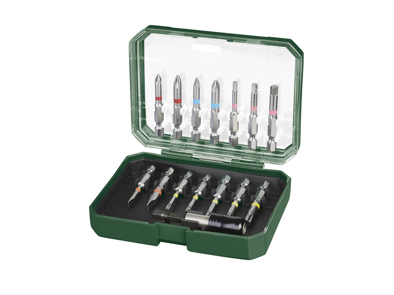 Een groene doos met schroevendraaiers en een bitset.