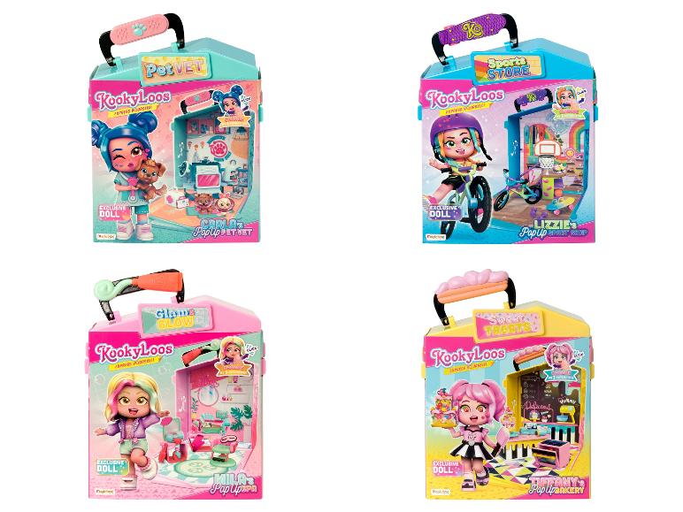 KookyLoos pop-up speelgoed met Carla's Pet Vet, Lizzie's Sport Shop, Mila's Glam & Glow en Tiffany's Sweet Treats.