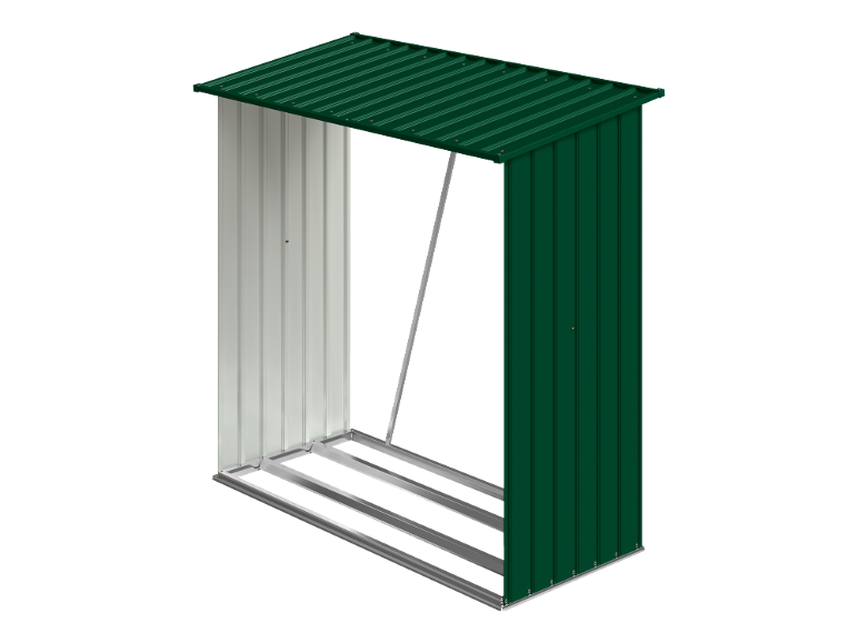 Groen en wit metalen tuinhuisframe met schuin dak.