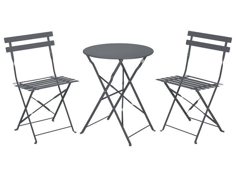 Donkergrijze bistroset met een ronde tafel en twee klapstoelen.