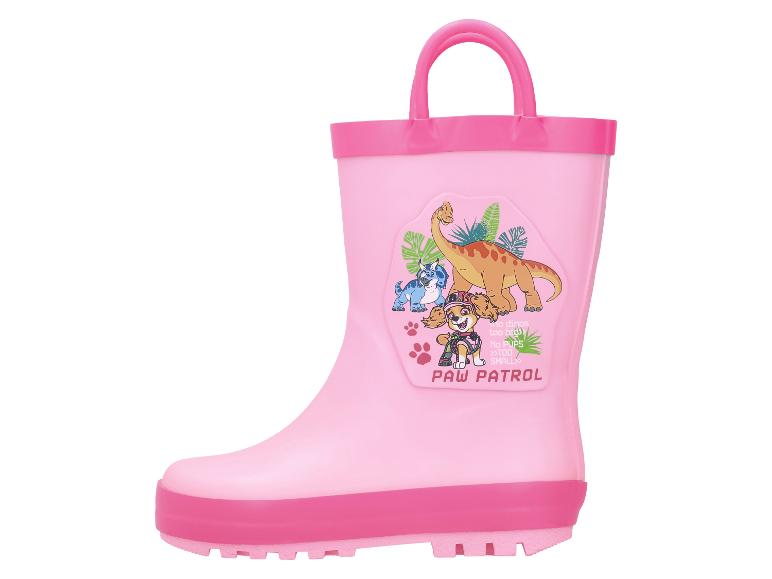 Roze kinderregenlaarzen met dinosaurussen en een puppy, tekst 'No dinos too big, No pups too small'