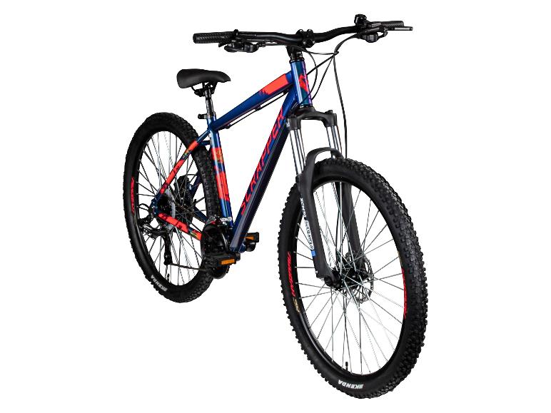 Blauwe en rode mountainbike met zwarte banden en zilveren details.