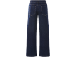 Donkerblauwe wide-leg jeans met achterzakken en zichtbare stiksels.