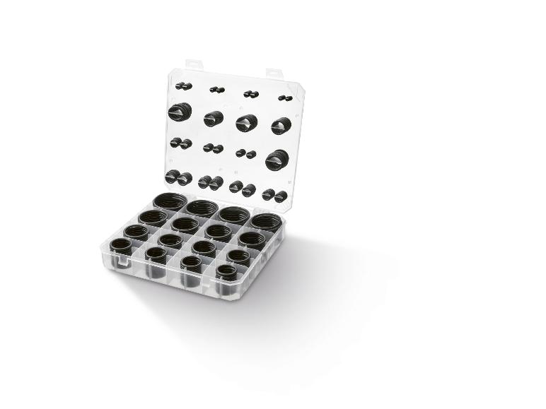 Assortimentsdoos met zwarte rubberen ringen in verschillende maten.