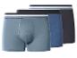 Drie herenboxershorts in blauwe en grijze tinten met gestreepte taillebanden.