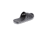 Zwarte zwembadslippers met witte strepen op de zool.