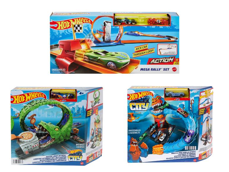 Hot Wheels Mega Rally en Hot Wheels City speelset met auto's en loopings.