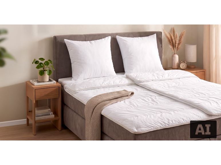 Bed met wit dekbed en kussens, houten nachtkastjes met planten en decoraties.