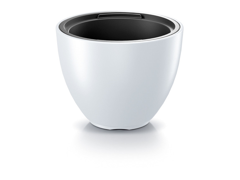 Een witte bloempot met een zwarte rand.