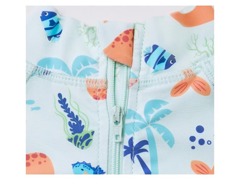 Kinder zwemkleding met rits, tropische print en vissen.