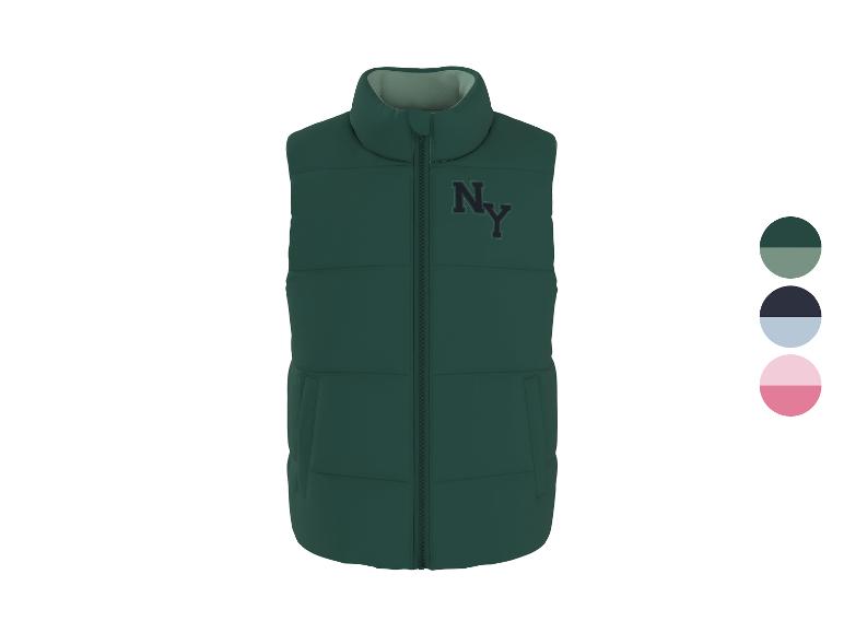 Groen gewatteerd vest met 'NY'-logo en kleurstalen.
