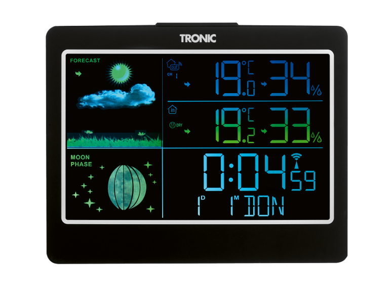 Digitaal weerstation met kleurendisplay dat tijd, temperatuur en maanfasen toont.