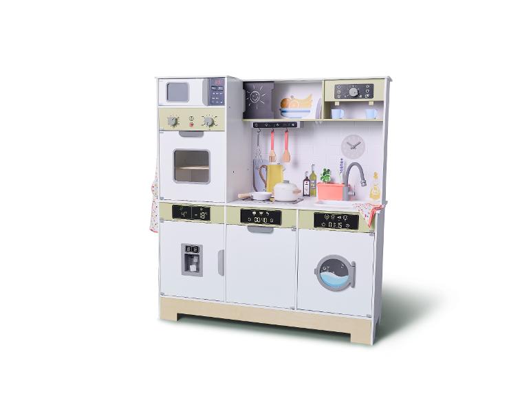 Houten speelkeuken met magnetron, oven, koelkast, wasmachine en gootsteen