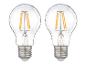 Twee LED-filamentlampen, met zilveren metalen voet en helder glas.