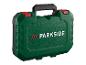 Groene PARKISDE gereedschapskoffer met rode sluitingen en zwart handvat.