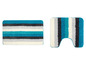 Badkamermat set met gestreept design in blauw, grijs en wit.