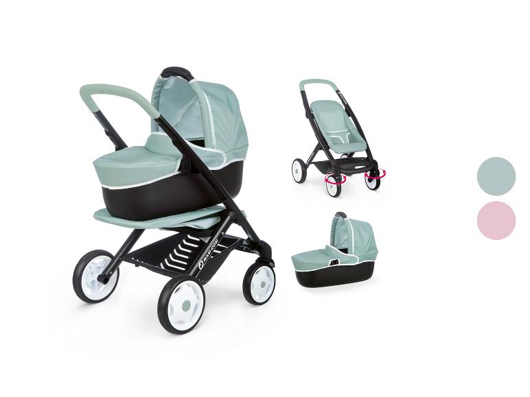 Een Maxi-Cosi kinderwagen met een groene stoffen bekleding.