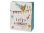 Witte verjaardagscadeautas met confetti, ballonnen, feesthoedjes en de tekst 'Happy Birthday'.