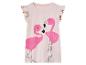 Roze meisjesjurk, geruite mouwen, flamingo print.