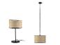 Set van tafellamp en hanglamp met beige kappen en zwarte details.