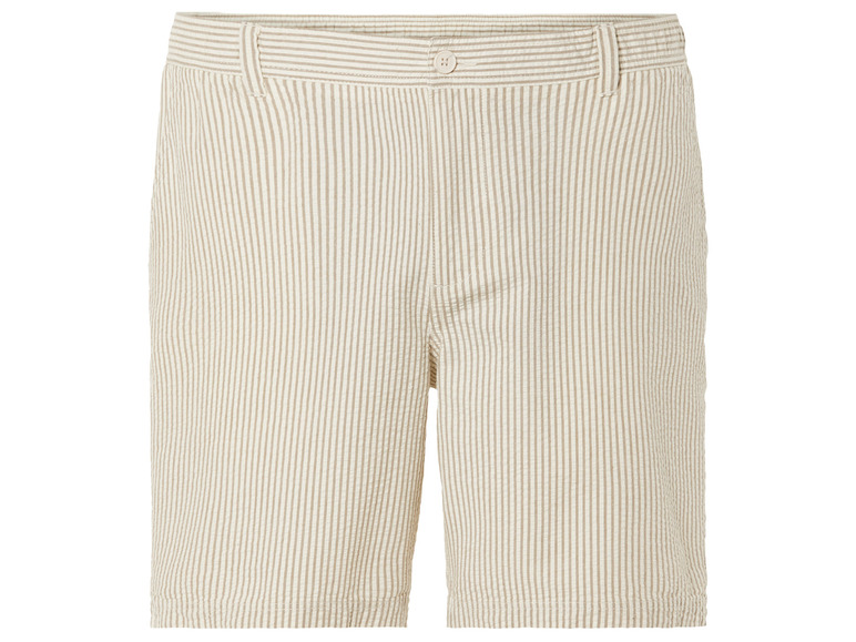 Beige korte broek met verticale strepen.