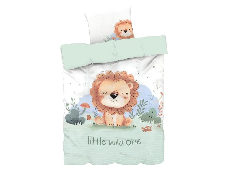 Baby beddengoed met leeuwprint, aquarel stijl, pastelkleuren.