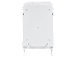 Achteraanzicht van een witte elektrische kachel met standaard, met montagegaten en stroomkabel.