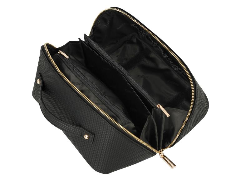 Open zwarte toilettas met gouden ritsen en Mexx-logo aan de binnenkant