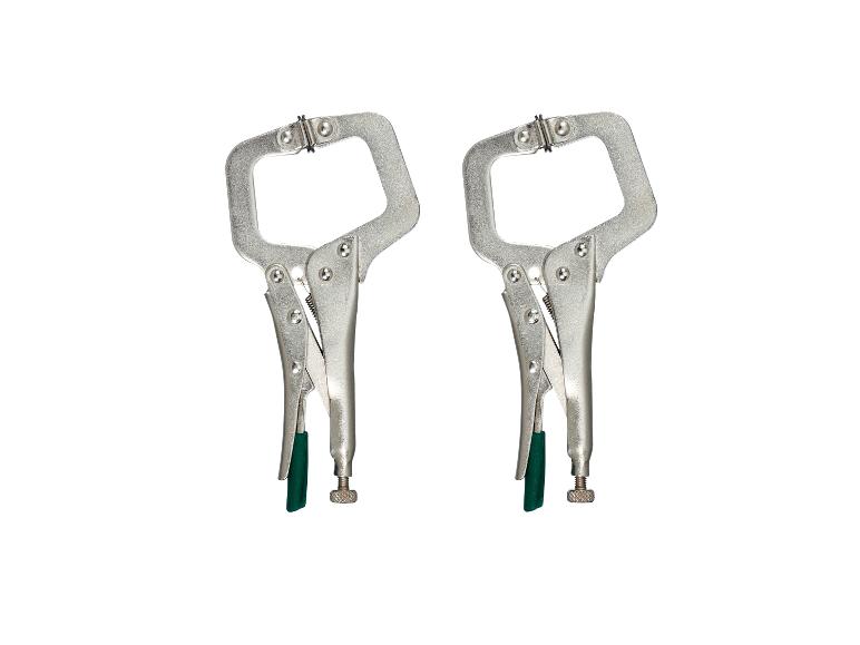 Twee zilveren C-klemmen met groene handvatten