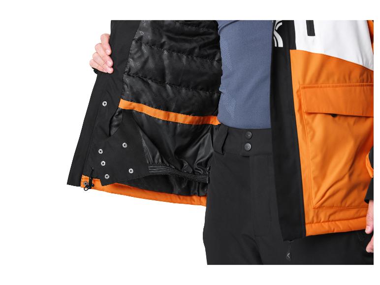 Heren ski-jack met oranje en zwarte details, van binnenuit gezien