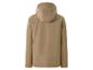 Achteraanzicht van een effen beige capuchonjack met lange mouwen.