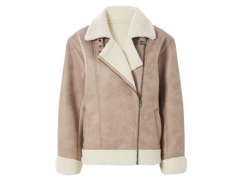 Beige suède-look pilotenjack met crèmekleurige imitatiebont voering.