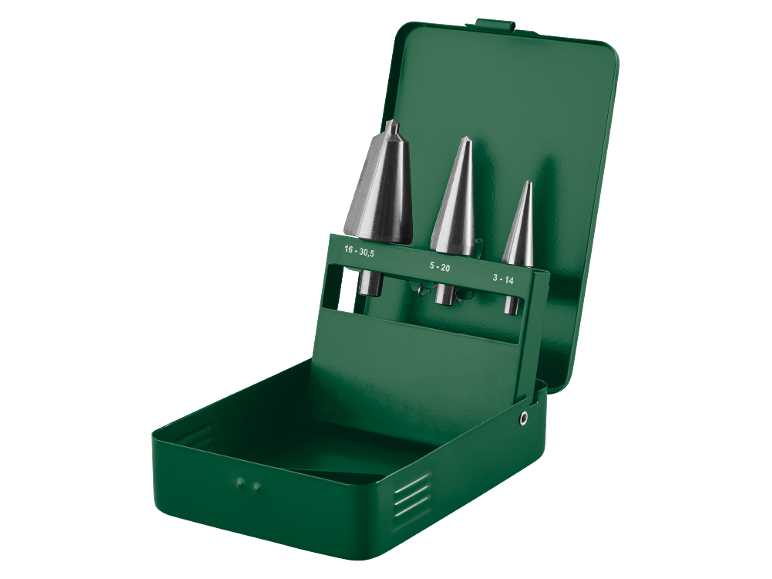 Set conische plaatboren 3-30,5 mm in groene metalen koffer
