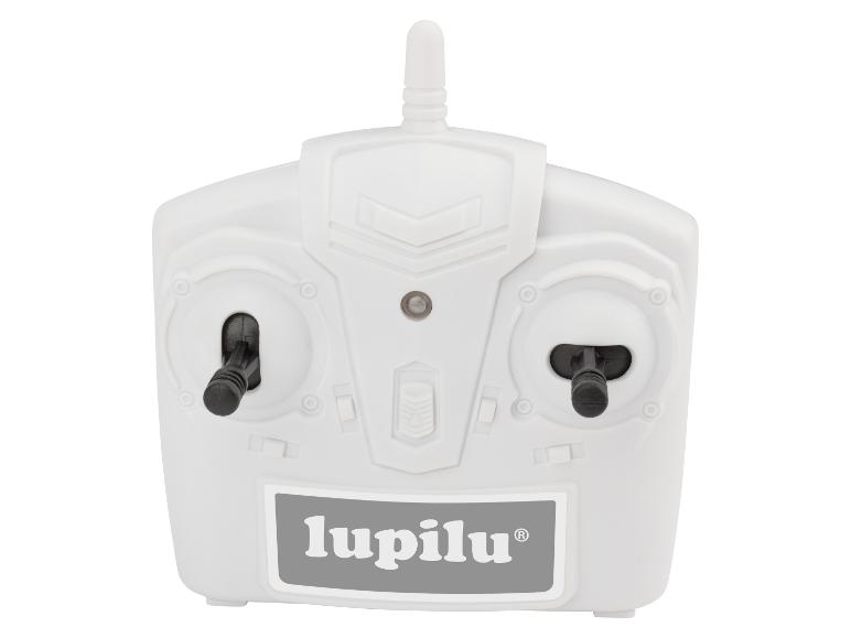 Witte speelgoedafstandsbediening met twee zwarte joysticks en het Lupilu-logo.
