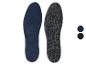 Twee inlegzolen, één donkerblauw en één zwart met een patroon aan de onderkant