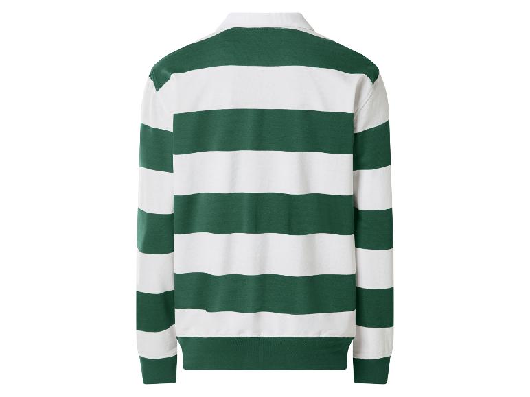 Groen-wit gestreept rugby shirt met lange mouwen, achterkant.